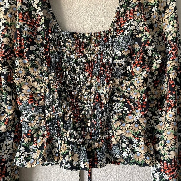 H&M Floral Babydoll Top Women’s XS Puff Long Sleeve Ruched Smocked Coastal Boho - Picture 12 of 16